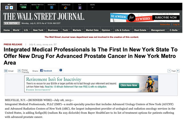 Integrated Medical Professionals Is The First In New York State To Offer New Drug For Advanced Prostate Cancer in New York Metro Area
