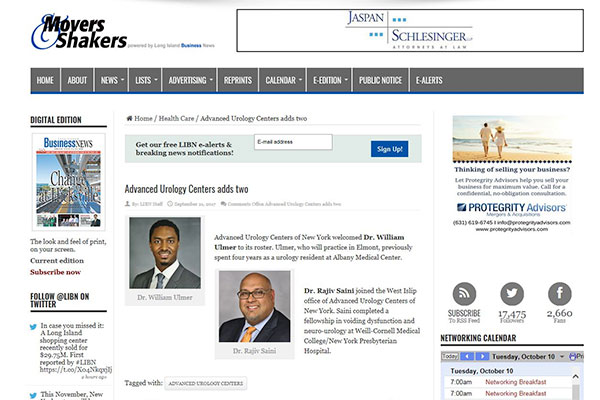Drs. William Ulmer and Rajiv Saini joined Advanced Urology Centers of New York